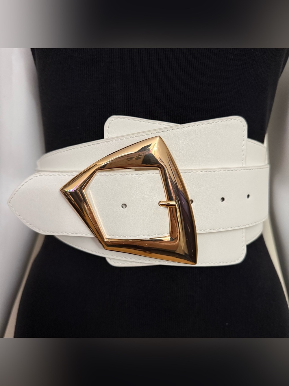 White wide PU leather elastic waistband belt with gold tone buckle